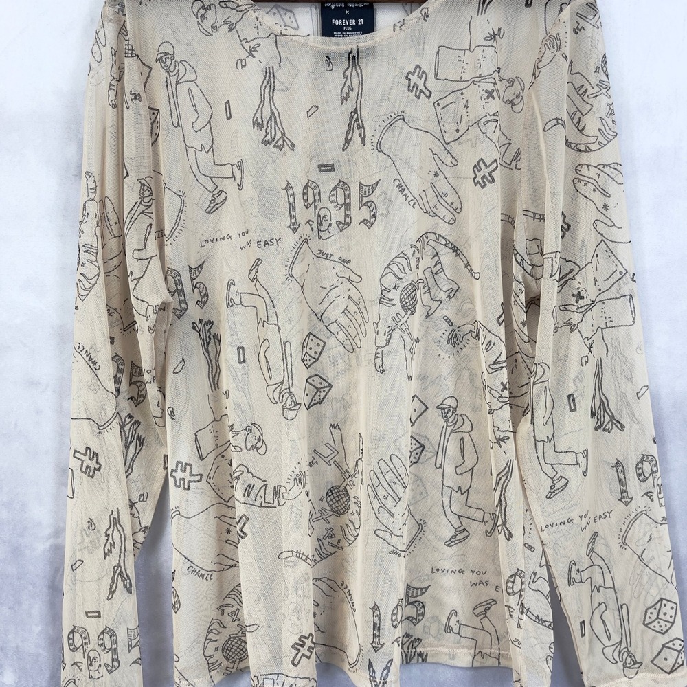 Forever 21 Yuki Haze Mesh Graphic Top Women 3X Sheer Doodle Print Street Indie - Picture 4 of 11